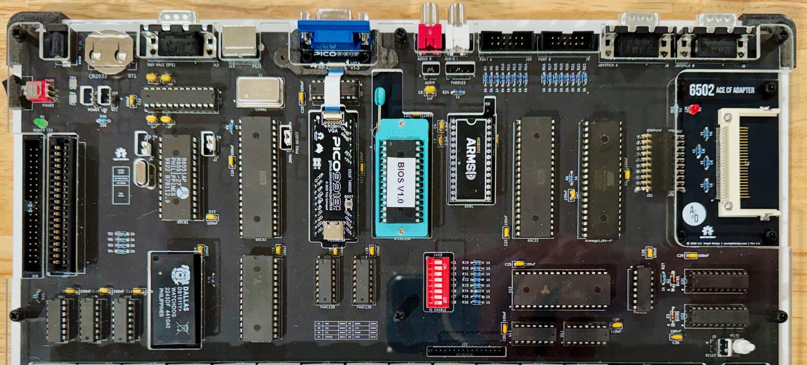 The ACE board from above, without the keyboard: connectors along the back edge, the processor and ROM in the middle, and the CompactFlash adapter at the right.