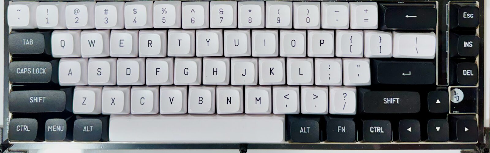 The ACE's keyboard: five rows of white and dark gray keycaps soldered to the board, with Esc, Insert, Delete and arrow keys down the right-hand side.