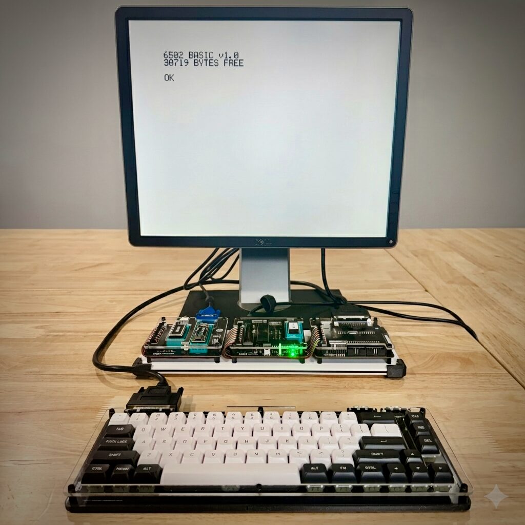 An older machine on a desk: a board and a separate keyboard in front of a monitor showing a BASIC banner and an OK prompt.