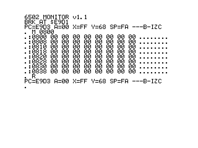 A screen showing the Monitor banner, a BRK message, the register line, a dump of memory at 0800 that is all zeroes, and the register line again.