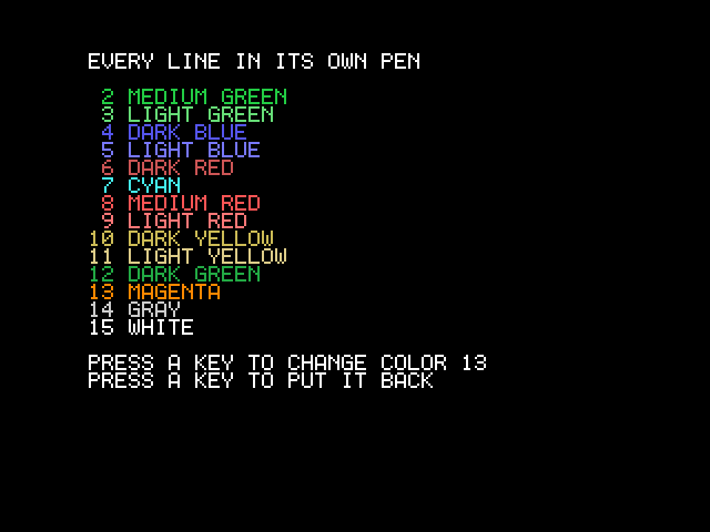 A black screen listing the colors 2 to 15 by name, each line in its own color, with line 13 shown in orange, and two lines asking for a key.