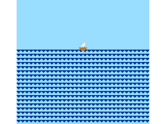 A pale blue sky over a dark blue sea of rows of small waves, with white borders at the left and right, and a little brown boat with a white sail on the horizon in the middle.
