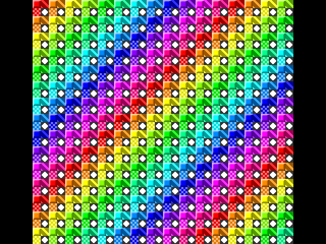 A screen filled with small square tiles — beveled blocks, stripes, checkers and white diamonds — colored in diagonal bands of red, orange, yellow, green, cyan, blue, violet and magenta, with black strips at the left and right.