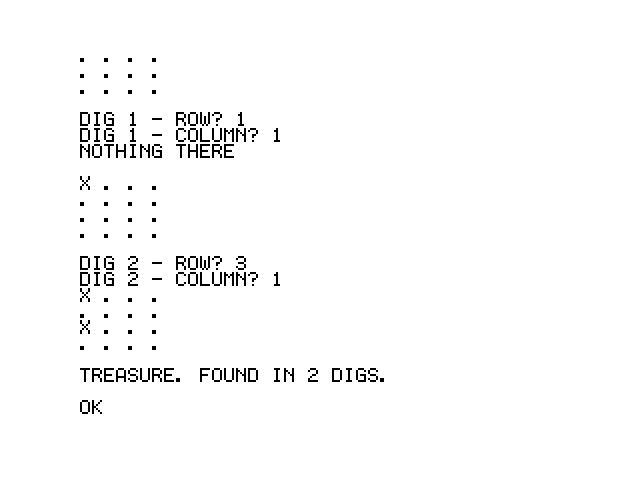 A screen showing four-by-four grids of dots with Xs where digs have happened, questions asking for row and column, and TREASURE. FOUND IN 2 DIGS. at the bottom.