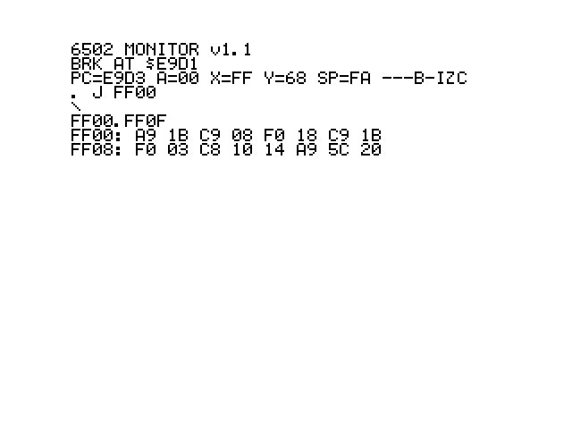 A screen showing the Monitor prompt, the command J FF00, a backslash on the next line, and a two-line hexadecimal dump of memory starting at FF00.